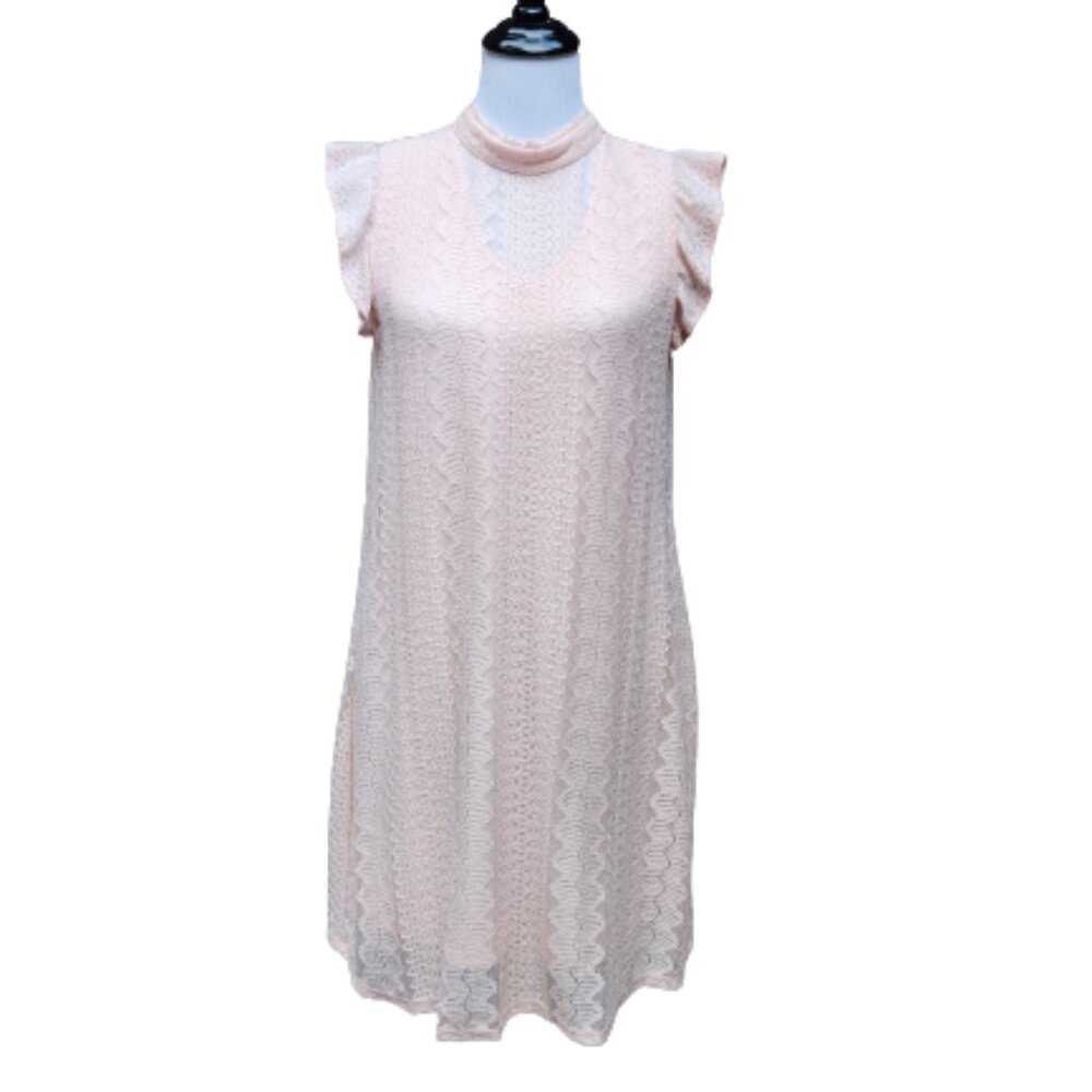 As U Wish Light Baby Pink Lace Dress Illusion Mockneck Ruffle Cap Sleeves